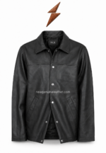 Black genuine leather jacket with panel stitching and contrasting cream collar