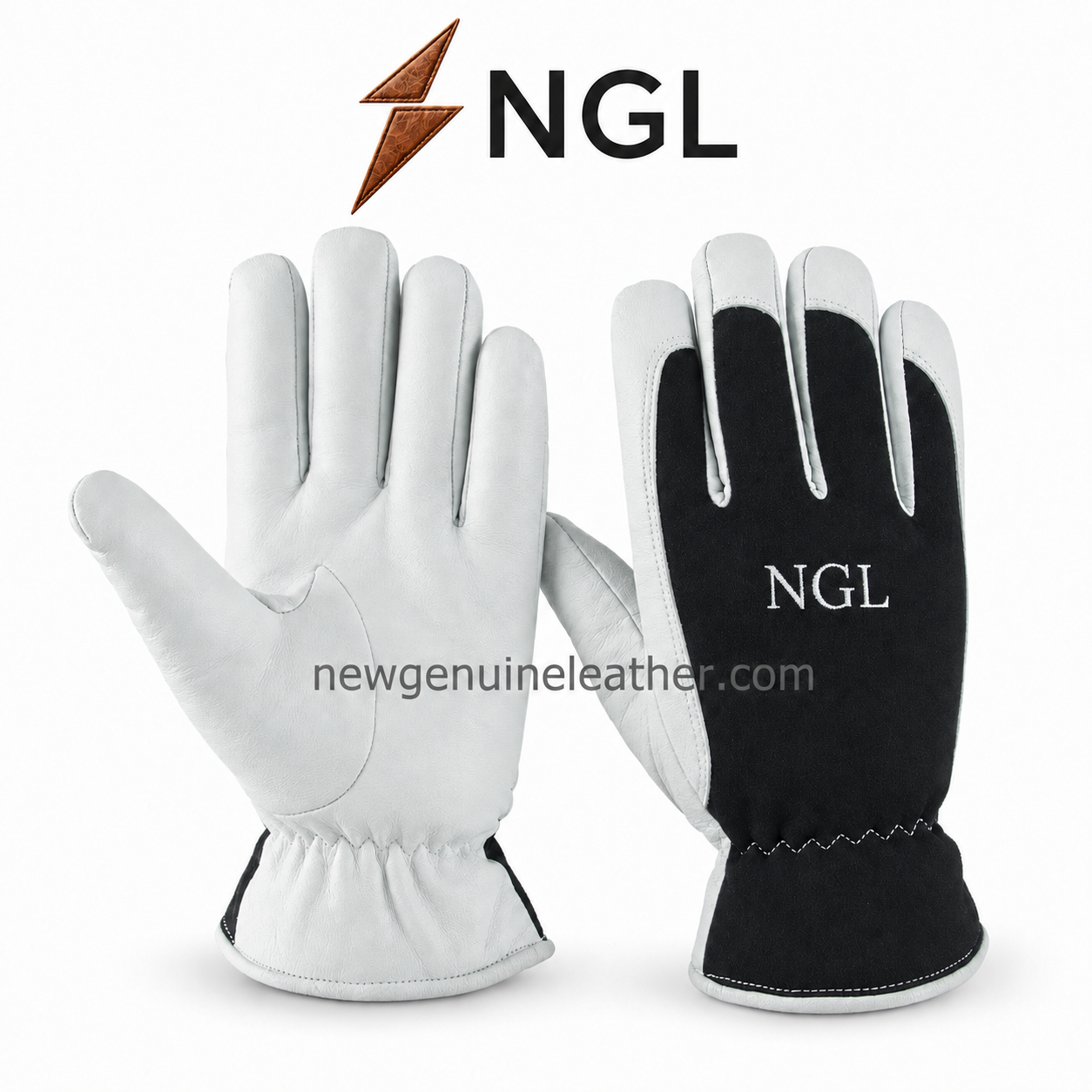 Goat Driving Gloves – Black and White NGL Design Goat driving gloves color range in black, navy, royal blue, red and forest green with white reinforcement