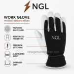Goat driving gloves in black and white with reinforced fingertips, extended cuff, zigzag stitching and NGL branding