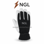 Goat driving gloves specifications showing textured back, reinforced fingertips, stitching, elastic wrist and cuff