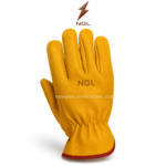 Golden-yellow leather driving gloves with red cuff trim and centered NGL logo by newgenuineleather.com