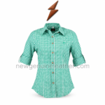 Green Gingham Bavarian Shirt specifications showing collar stitching, sleeve tabs, buttons and check fabric by newgenuineleather.com