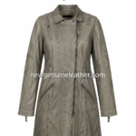 Grey leather coat with longline cut, zipper pockets, and newgenuineleather.com branding