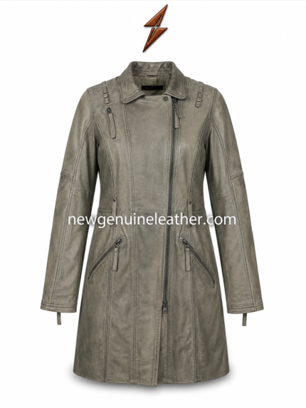 Grey leather coat with longline cut, zipper pockets, and newgenuineleather.com branding