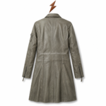 Grey leather coat back pose with vertical seams and New Genuine Leather logo