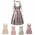 Grey Pink Dirndl Dress back view with shaped bodice seams, lace sleeves, pink waistband and floral skirt