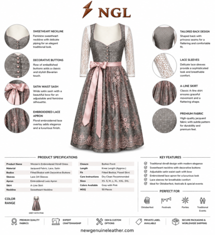 Grey Pink Dirndl Dress front view with lace sleeves, floral skirt, satin bow and newgenuineleather.com