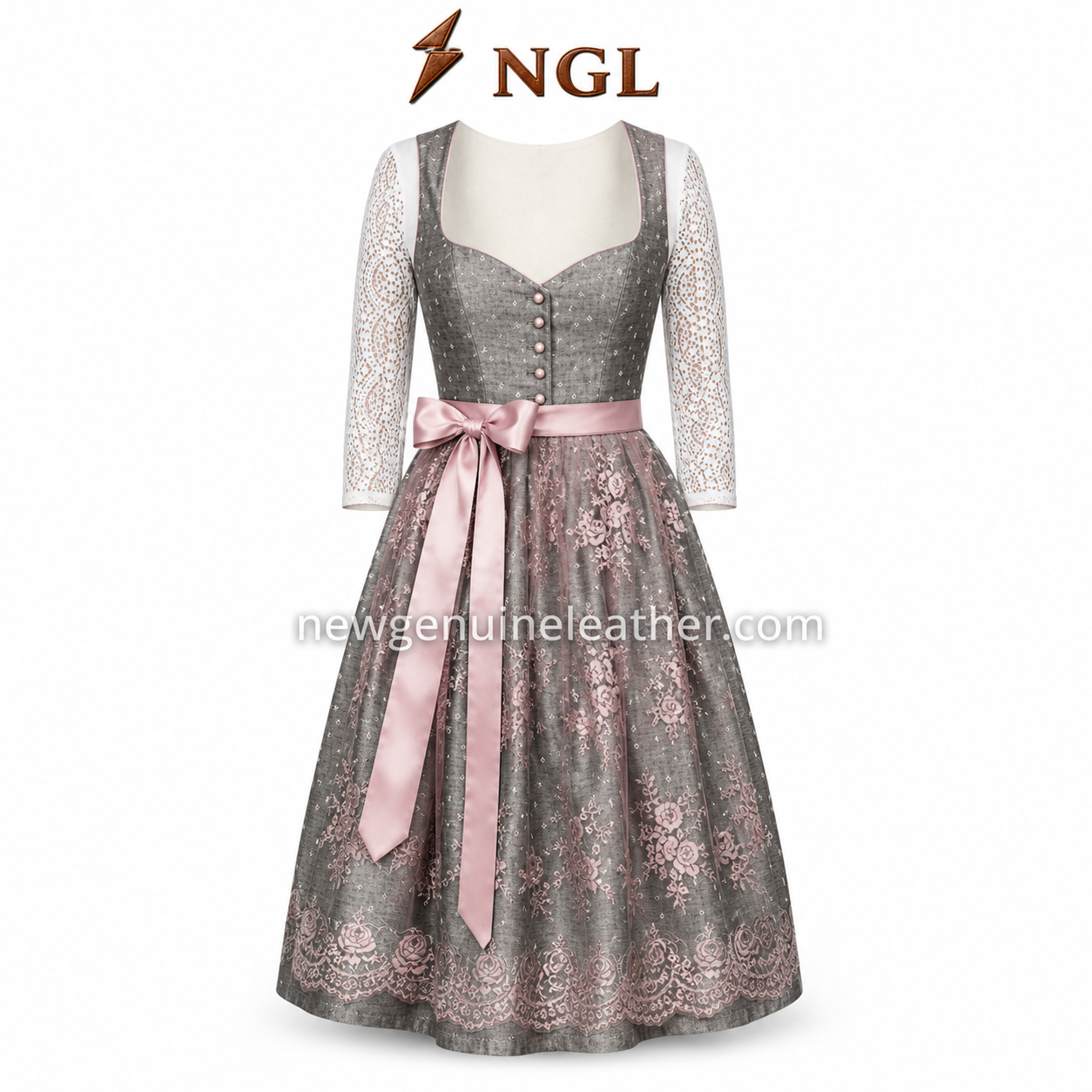 Grey Pink Dirndl Dress Wholesale Specifications Grey Pink Dirndl Dress specifications showing sweetheart neckline, lace sleeves, floral embroidery and OEM sizing