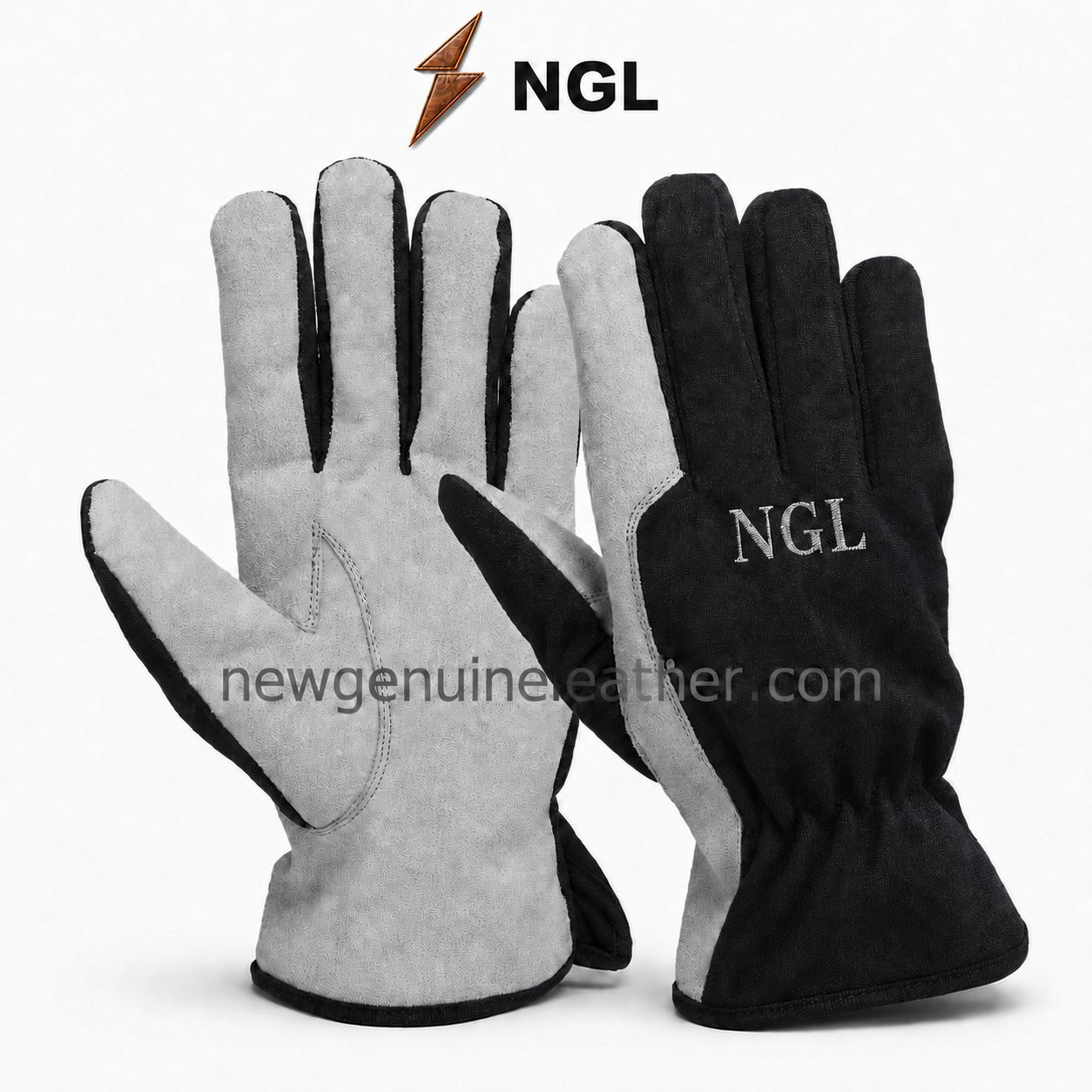 Grey Work Gloves Color Range – NGL Grey Work Gloves single back view with black textured panels, grey reinforced side, silver NGL embroidery, and extended cuff.