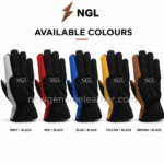 Grey Work Gloves color range displayed in grey, red, blue, yellow, and brown contrast options with black panels and NGL logos.