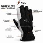 Grey Work Gloves detail with silver NGL embroidery, black textured fabric, curved stitching, and light-grey side reinforcement.