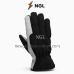Grey Work Gloves specification image showing textured construction, contrast panel, reinforced thumb, stitched seams, wrist, and cuff.