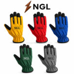 Hand protection gloves specifications showing woven fabric, reinforced black fingertips, dark palm and elasticated wrist