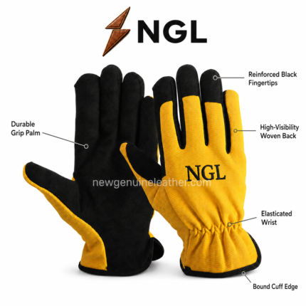 Single hand protection gloves image with yellow woven back, black fingertips, gathered cuff and black NGL branding