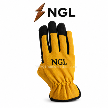 Hand protection gloves in safety yellow and black showing the reinforced palm, fingertips, elastic wrist and NGL logo