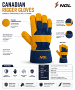 RIGGER GLOVES with yellow leather palm, navy textile back, reinforced fingertips, elastic wrist and extended branded cuff.