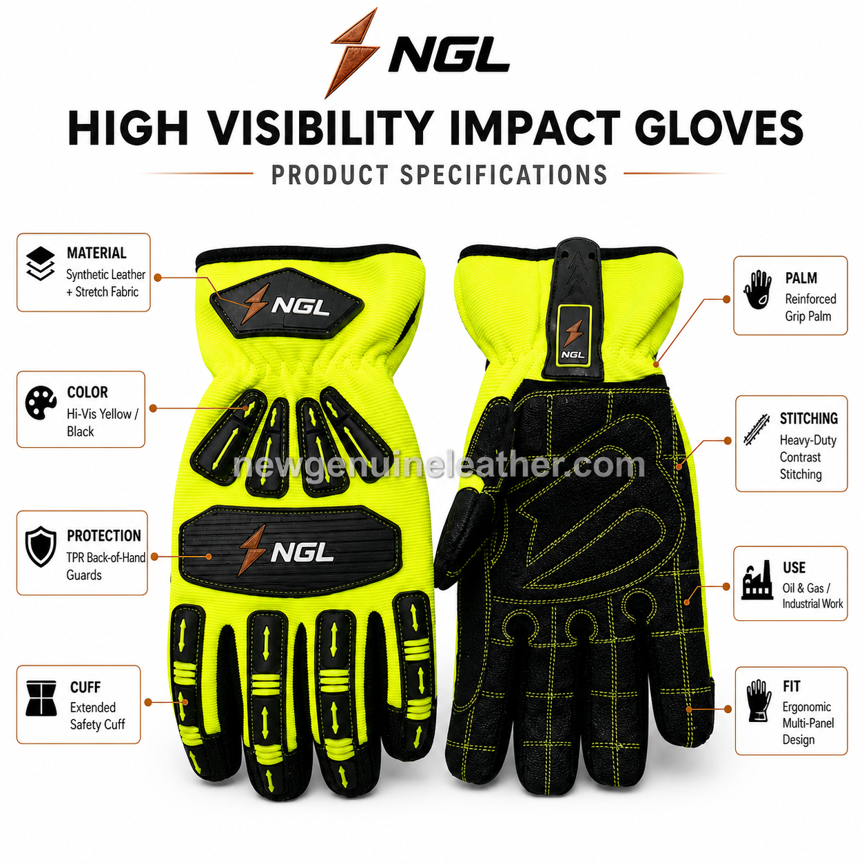 Hi-Vis Impact Gloves Front View – newgenuineleather.com NGL hi-vis impact gloves featuring four back-hand guards, black panels and fluorescent shell fabric