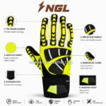 HIGH VISIBILITY WORK GLOVES showing black segmented finger guards, curved back-hand panels and white reflective-style accents.