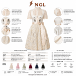 Ivory Lace Dirndl back view with princess seams, lace sleeves, pleated satin skirt and NGL