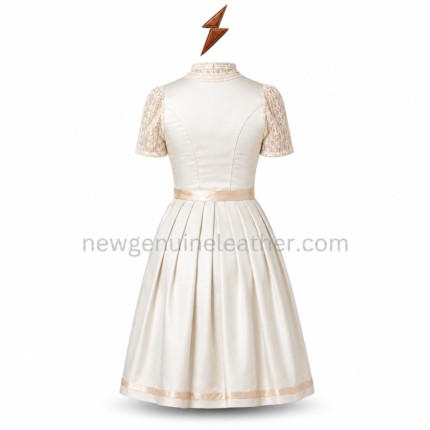 Ivory Lace Dirndl front view with high collar, embroidered sleeves, corset lacing and newgenuineleather.com