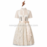 Ivory Lace Dirndl specifications showing stand collar, adjustable lacing, embroidered skirt and custom OEM options