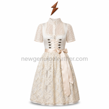 Ivory Lace Dirndl specifications showing stand collar, adjustable lacing, embroidered skirt and custom OEM options