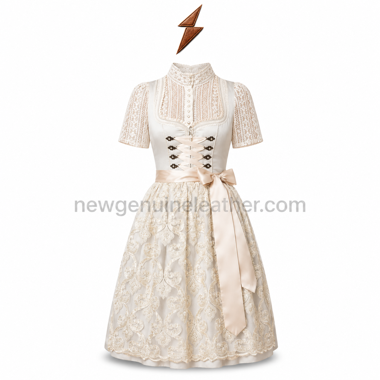 Ivory Lace Dirndl Wholesale Specifications Ivory Lace Dirndl specifications showing stand collar, adjustable lacing, embroidered skirt and custom OEM options