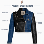 JEANS cropped jacket with half-black leather, half-blue denim panels, asymmetric zipper and NGL branding by newgenuineleather.com