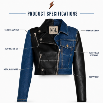 JEANS cropped jacket with half-black leather, half-blue denim panels, asymmetric zipper and NGL branding by newgenuineleather.com