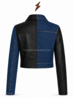 Open JEANS cropped jacket showing black lining, leather-denim construction and stitched NGL collar label by newgenuineleather.com