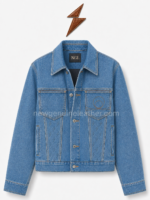 Jean jacket two-button-open pose showing the NGL neck label, metal closure and NEW GENUINE LEATHER branding.