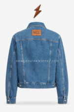 Jean jacket back view with washed-blue panels, stitched NGL leather patch and NEW GENUINE LEATHER presentation.