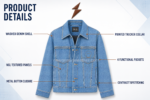 Jean jacket front view in light-wash blue with NGL textured panels and NEW GENUINE LEATHER collar branding.