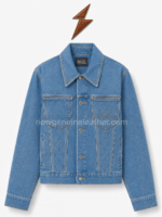 Jean jacket specification image highlighting four pockets, NGL panels and contrast stitching by NEW GENUINE LEATHER.