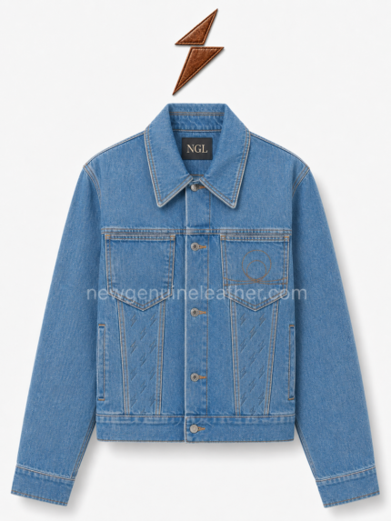 Jean jacket specification image highlighting four pockets, NGL panels and contrast stitching by NEW GENUINE LEATHER.