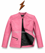 Pink slim fit LADIES LEATHER JACKET with quilted shoulders and zipper pockets