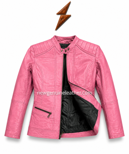 Pink slim fit LADIES LEATHER JACKET with quilted shoulders and zipper pockets