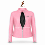 Back view of pink ladies leather jackets with clean leather panels and white striped sleeves by newgenuineleather.com