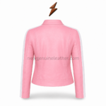 Half-zipped pink ladies leather jackets with asymmetric biker closure and contrasting white stripes by newgenuineleather.com