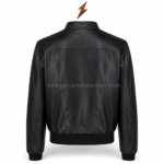 Men’s Leather Bomber Jacket with black ribbed cuffs and silver front zipper