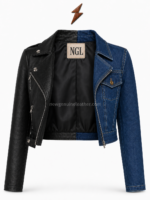Back view of JEANS cropped jacket featuring split black leather and blue denim panels with contrasting stitching by newgenuineleather.com