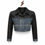 Back view of blue and black leather denim jacket by newgenuineleather.com