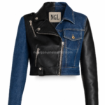 JEANS cropped jacket detail with denim chest pocket, biker lapel, metal snaps and reinforced stitching by newgenuineleather.com