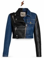 JEANS cropped jacket detail with denim chest pocket, biker lapel, metal snaps and reinforced stitching by newgenuineleather.com