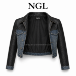 Leather denim jacket with washed blue body and black sleeves by newgenuineleather.com