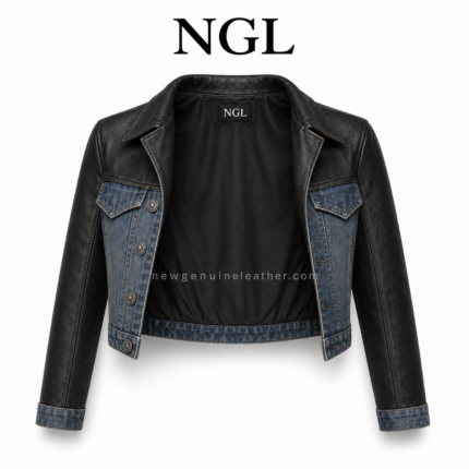 Leather denim jacket with washed blue body and black sleeves by newgenuineleather.com