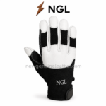 Leather safety gloves color range featuring white, grey, tan, navy and red panel options with black textile sections