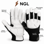 Leather safety gloves in white and black with reinforced palm panels, covered fingertips, stitched seams and NGL branding
