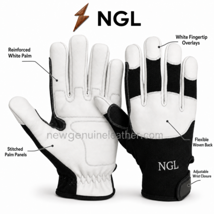 Leather safety gloves in white and black with reinforced palm panels, covered fingertips, stitched seams and NGL branding