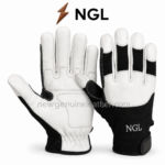 Leather safety gloves specifications showing palm reinforcement, fingertip coverage, stitched panels and wrist closure